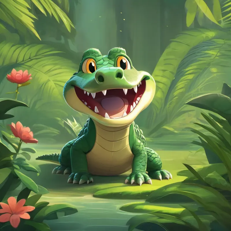A full-page image of A small, timid crocodile who learns to be brave the crocodile with a big smile, standing tall and proud with a beautiful jungle backdrop.