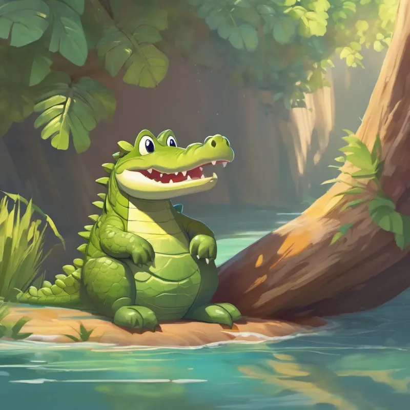 A small, timid crocodile who learns to be brave peeking out from his hiding place, looking hopeful on a sunny day.