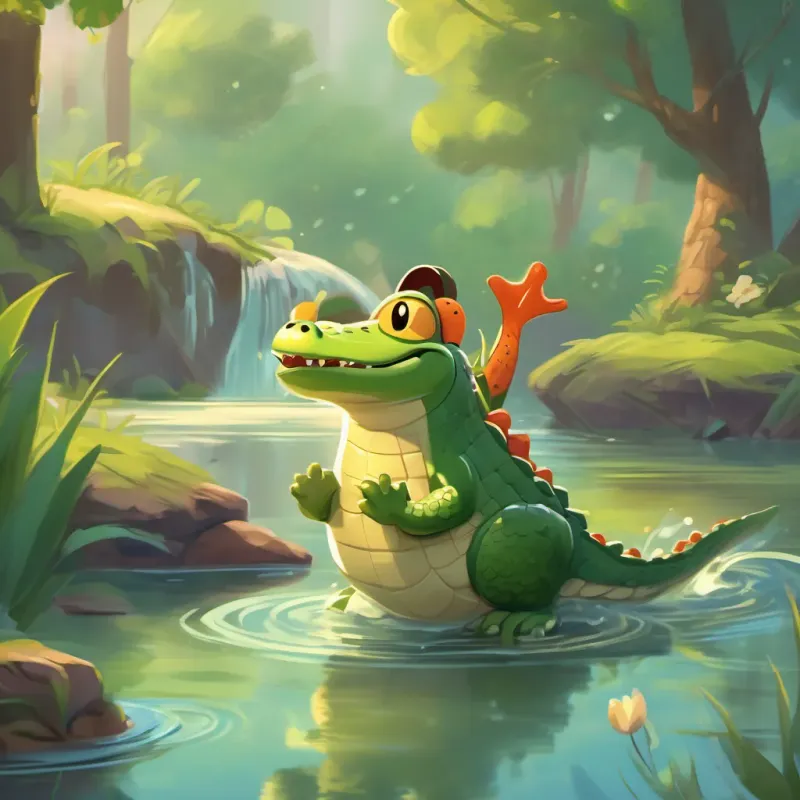 A small, timid crocodile who learns to be brave cautiously walking to the edge of a flowing river where A cheerful frog with a big smile, always ready to help others feel brave is jumping joyfully.