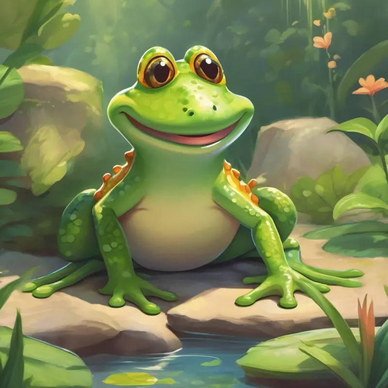 A cheerful frog with a big smile, always ready to help others feel brave smiling and inviting A small, timid crocodile who learns to be brave to join him in hopping around.