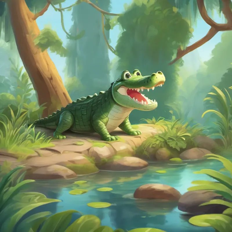 A small, timid crocodile who learns to be brave timidly trying to hop with a smile of surprise.
