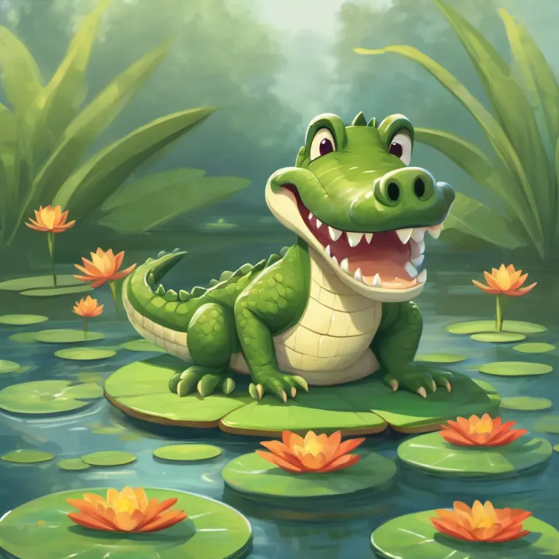 A small, timid crocodile who learns to be brave celebrating with a happy grin as he hops around on lily pads in the river.