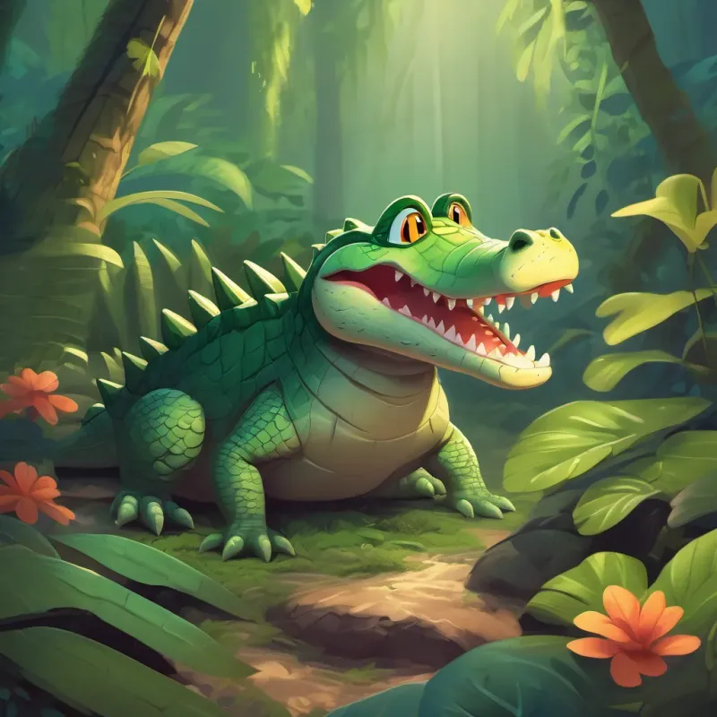A small, timid crocodile who learns to be brave confidently exploring the jungle with a brave face, even during the night.
