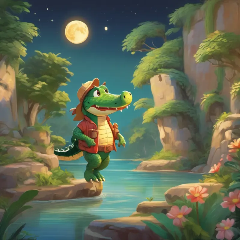 A small, timid crocodile who learns to be brave roaring joyfully at the moon and dancing in the sunshine, blending seamlessly with the surroundings.