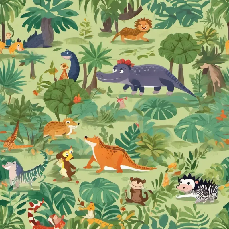 A small, timid crocodile who learns to be brave happily playing with A playful monkey who loves to swing around and make new friends, A calm and composed zebra who enjoys grazing and exploring, and A curious hedgehog who loves to sing and dance with friends as they all sing and dance together in the jungle.