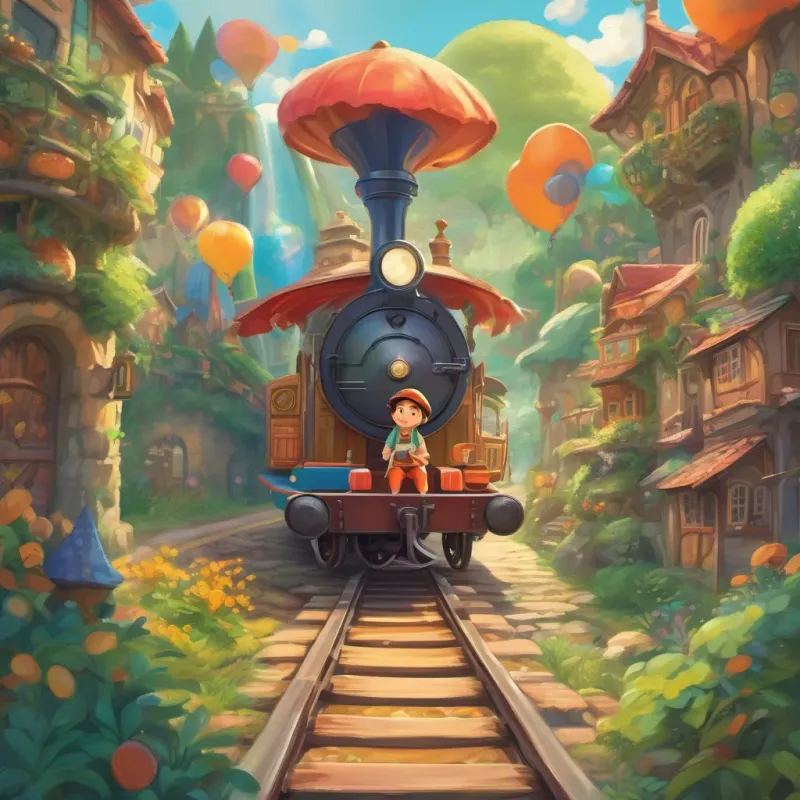 A whimsical young boy named A curious young boy filled with wonder and imagination, wearing colorful clothes and a cap, embodying a sense of playfulness boarding an eccentric train, surrounded by cartoonish landscapes and whimsical colors.