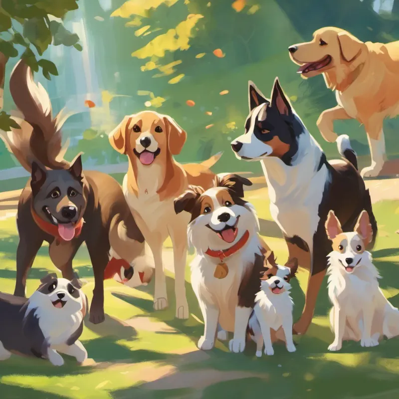 A joyful scene with various dogs of different sizes and breeds playing in a sunny park.
