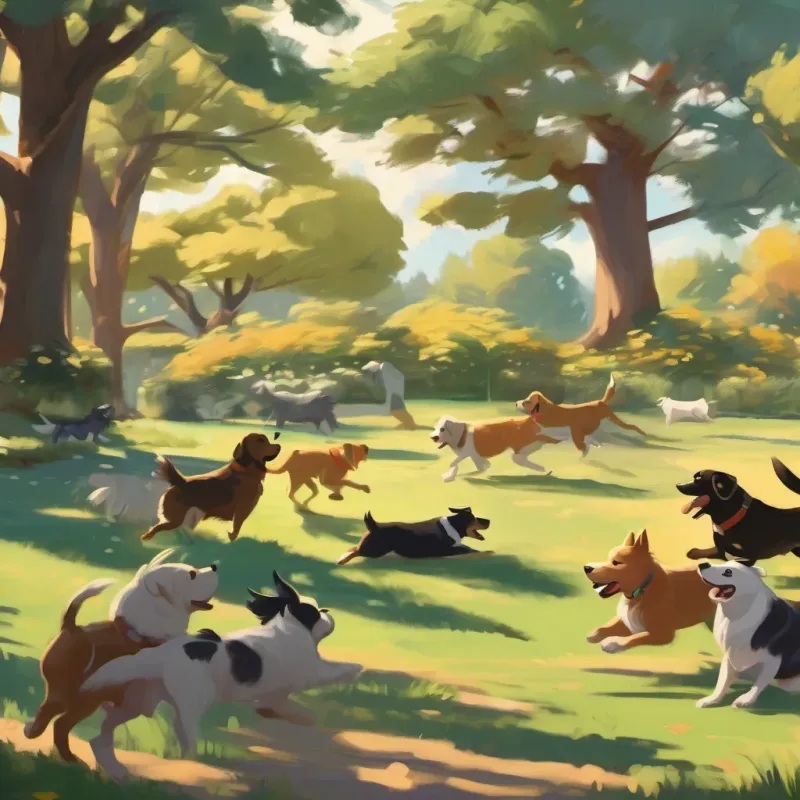 Dogs of various breeds jumping, barking, and some lounging under trees on a sunny day.