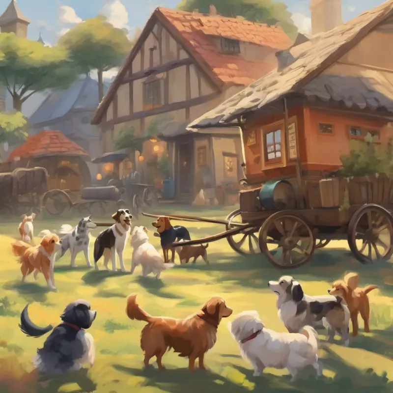 A variety of dogs, some with spots and others in wagons or wagging their tails merrily.