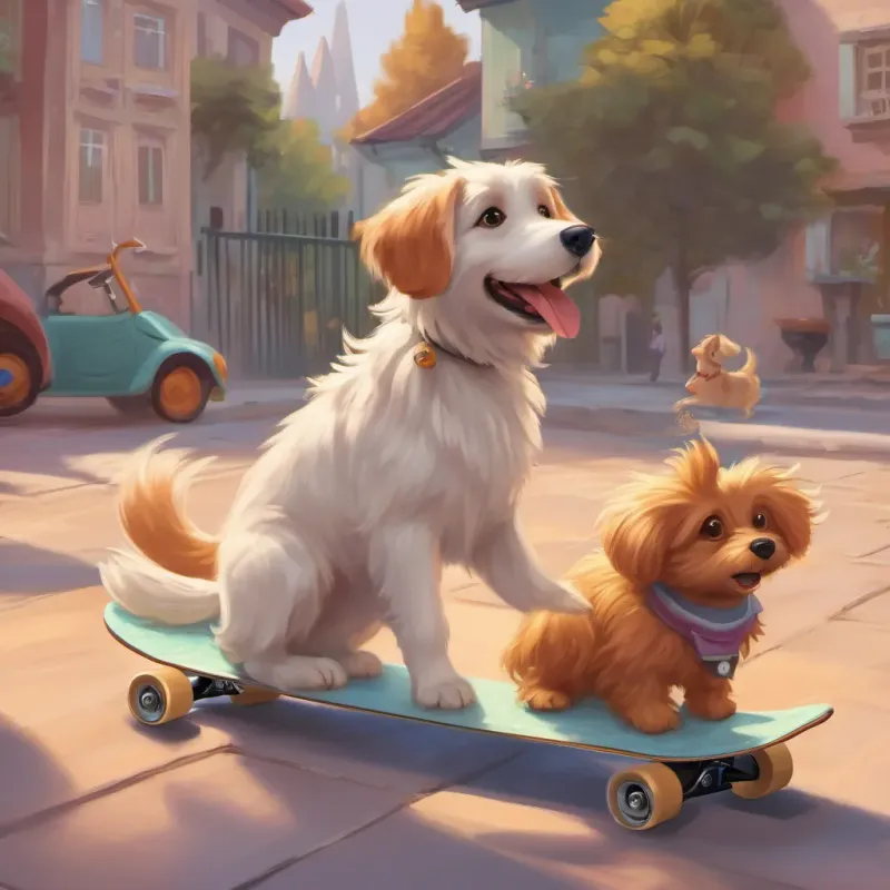 A fluffy dog gets groomed, while another dog is skating on a skateboard.