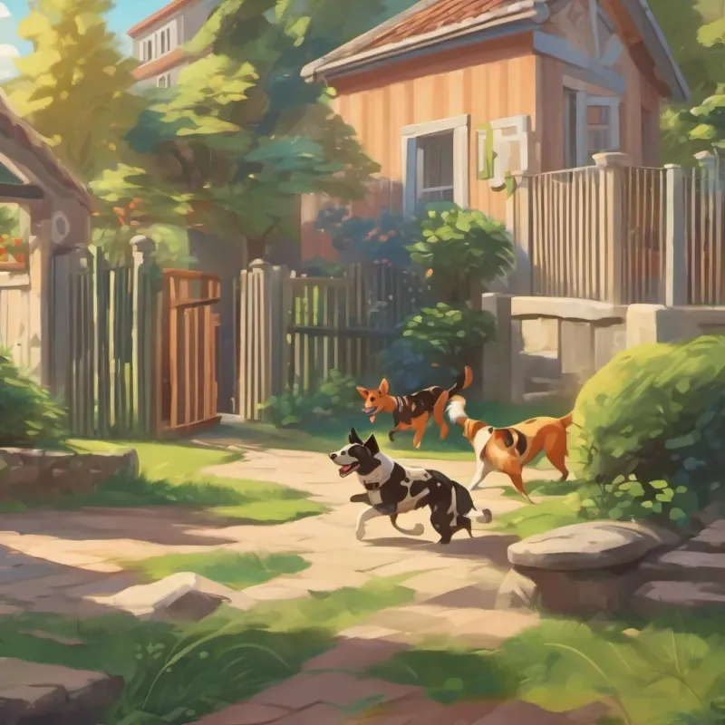 Spotted dogs and striped dogs running energetically in a backyard.