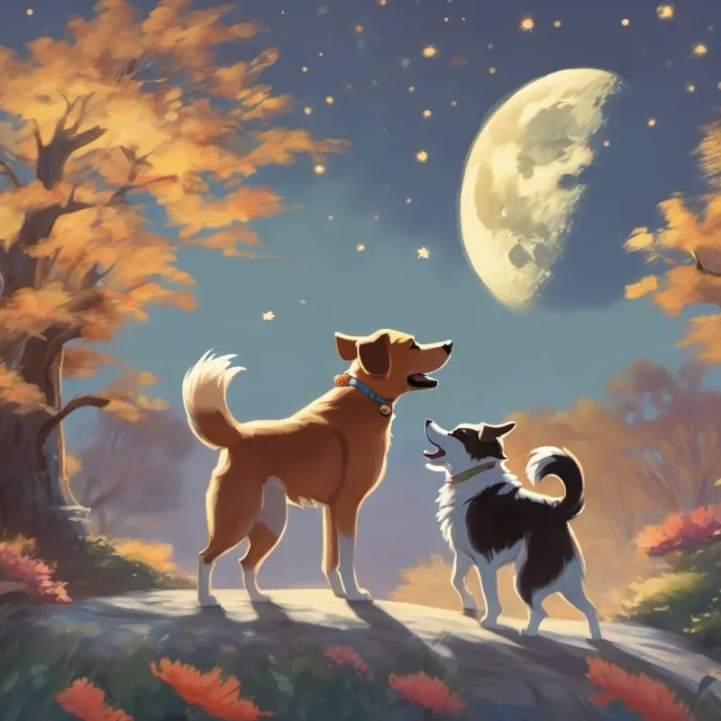 A dog howls at a full moon while another dog dances with a joyful expression.