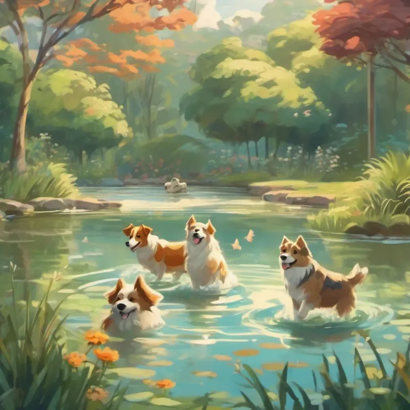 Several dogs are swimming in a pond, splashing water joyfully.