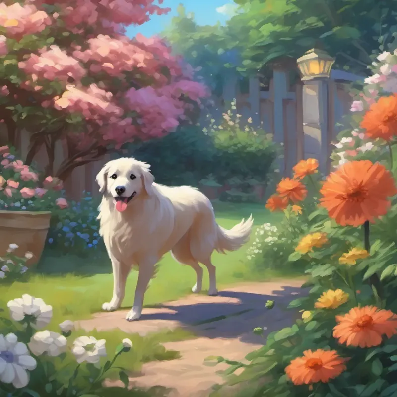 A fast-running dog next to a dog smelling flowers in a blooming garden.