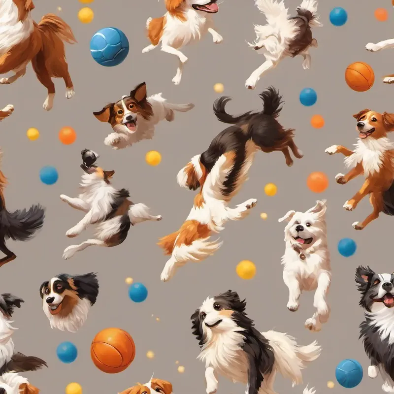 A variety of dogs catching balls in mid-air, showcasing their athletic abilities.
