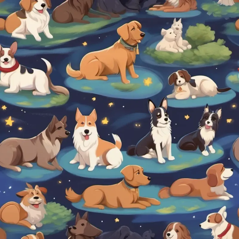 Dogs curled up and snuggling under a blanket under the moonlight in a park.