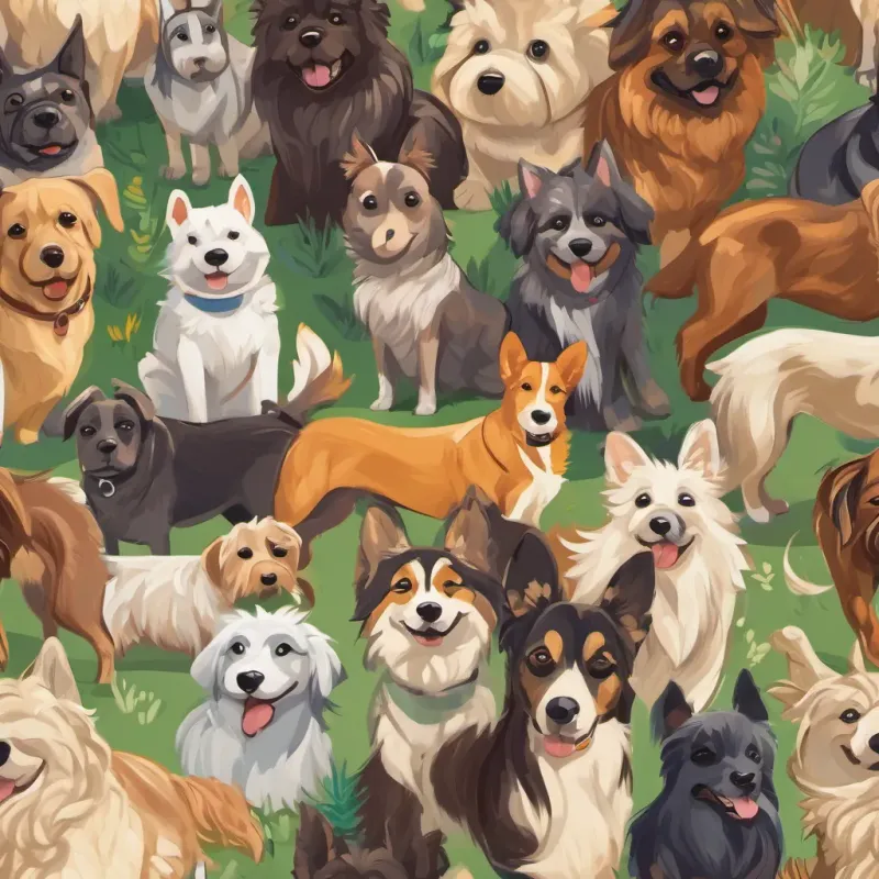 A diverse group of dogs together, each showing unique characteristics and personalities.