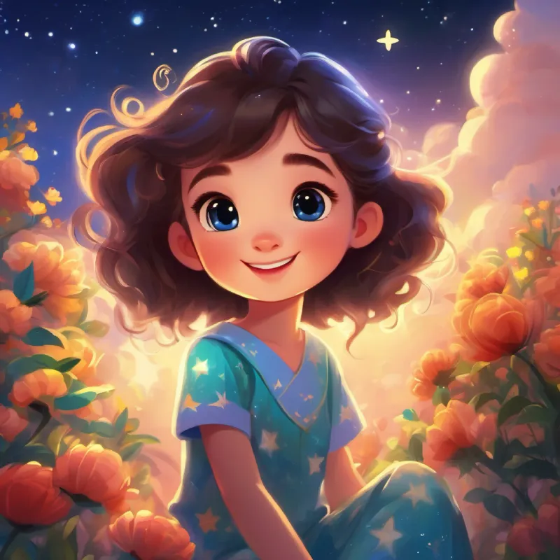 Large, bright, friendly face, can wink and whisper, glows softly in the sky comes to life and invites Young girl, loves stars, wears pajamas, has bright eyes and happy smile to play a game.