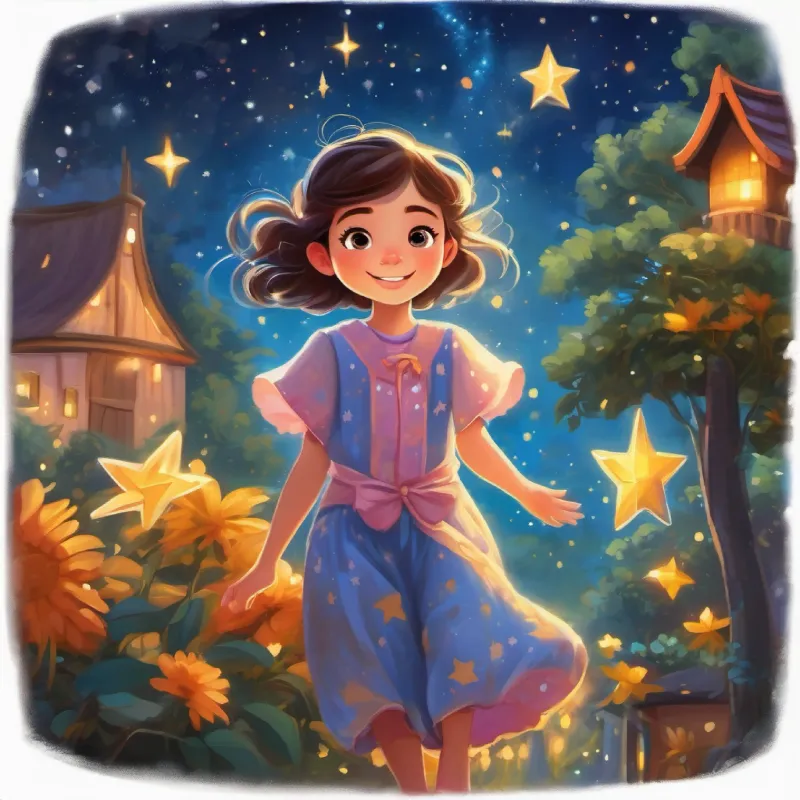 Young girl, loves stars, wears pajamas, has bright eyes and happy smile accepts the invitation and begins her magical flight.