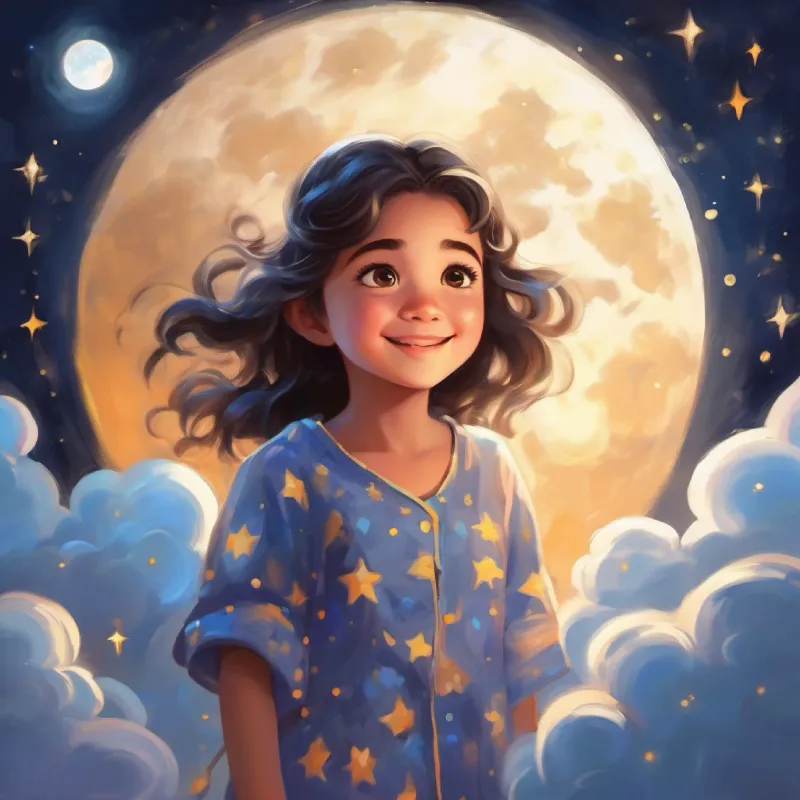 Young girl, loves stars, wears pajamas, has bright eyes and happy smile and the Moon play hide and seek among the clouds.