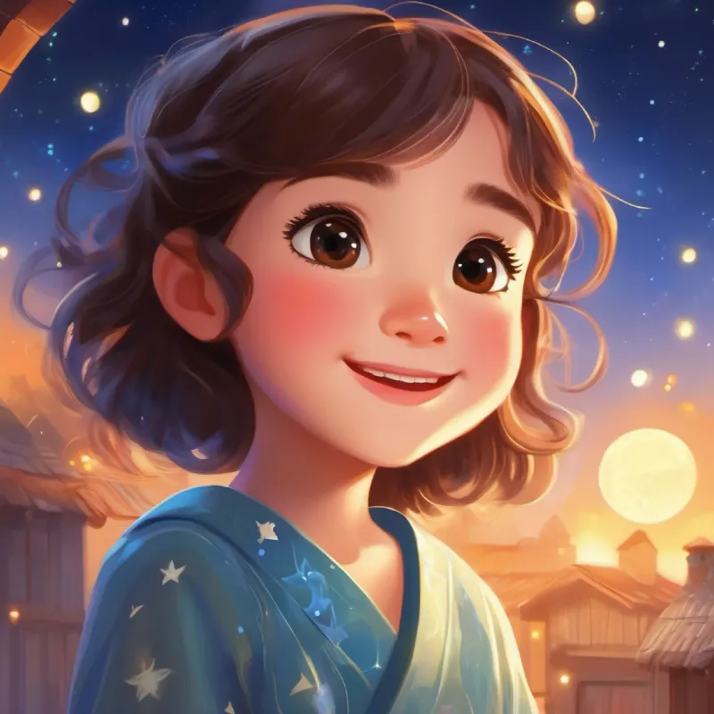 Large, bright, friendly face, can wink and whisper, glows softly in the sky compliments Young girl, loves stars, wears pajamas, has bright eyes and happy smile, and they prepare for the final round of the game.