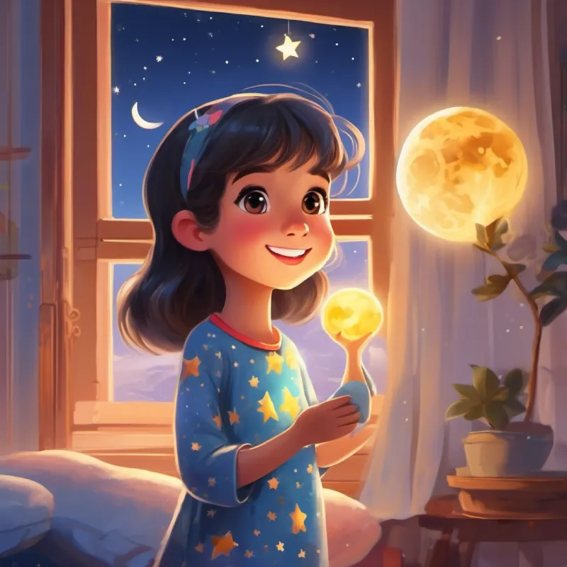 Young girl, loves stars, wears pajamas, has bright eyes and happy smile's finds the Moon in a special way, ending the game as she's taken home.