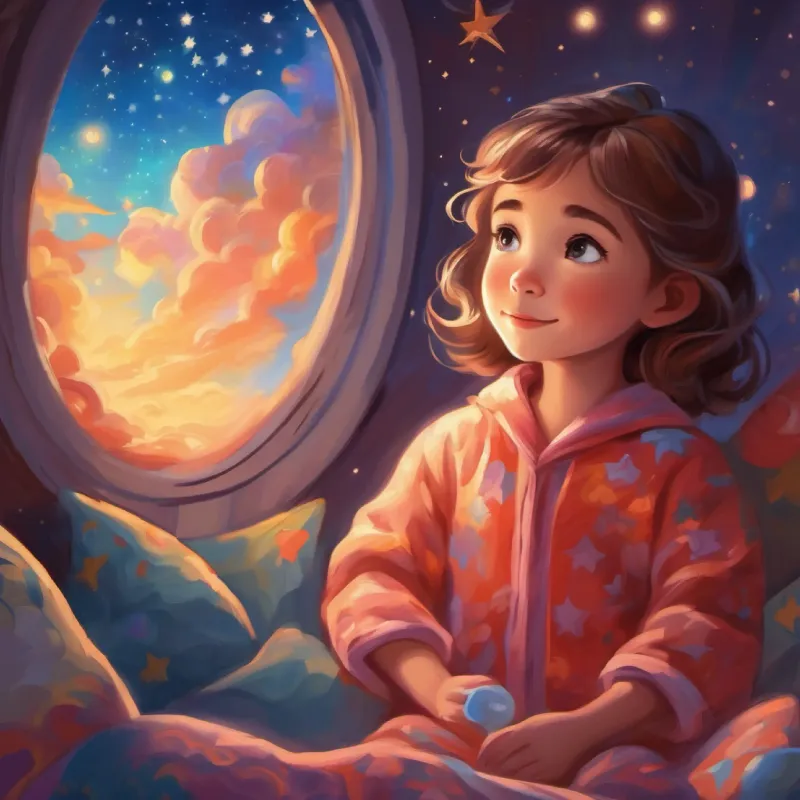Young girl, loves stars, wears pajamas, has bright eyes and happy smile is grateful, and she dreams about her sky adventure.