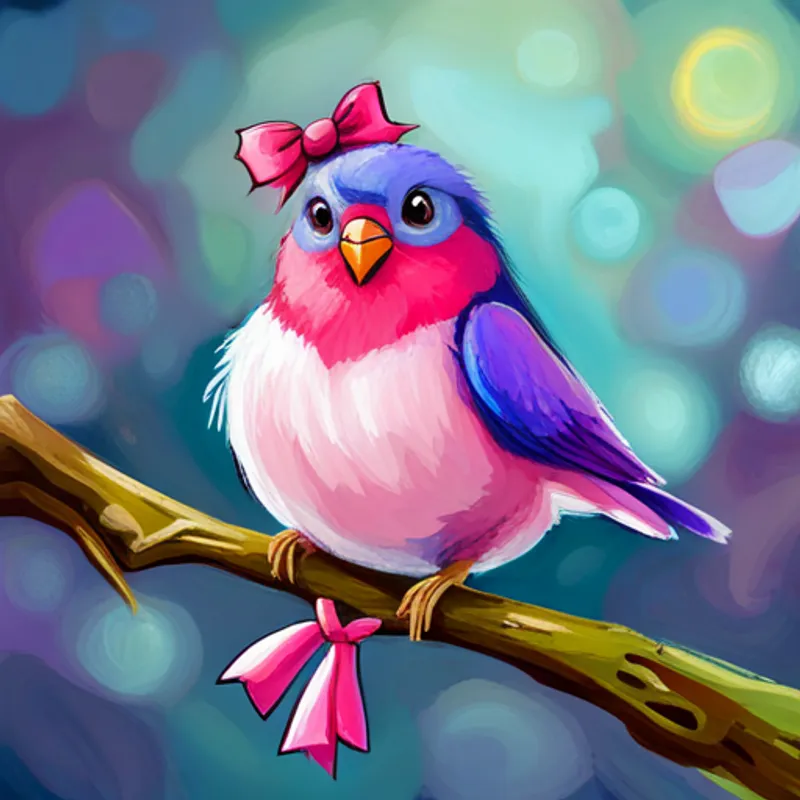 Pink bird with a big heart, wears a purple bow, a pink bird who loves helping friends