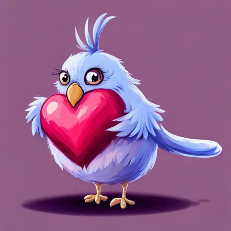 Pink bird with a big heart, wears a purple bow feeling unsure of herself