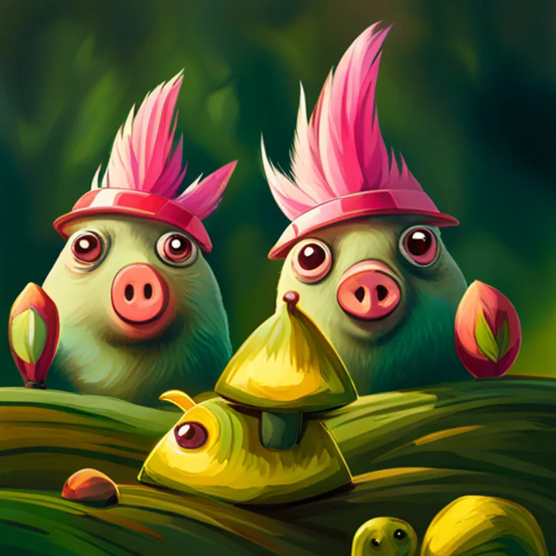 Green pigs with silly expressions, wearing helmets stealing Yellow bird with a crown and pink feathers's things, flock needs help