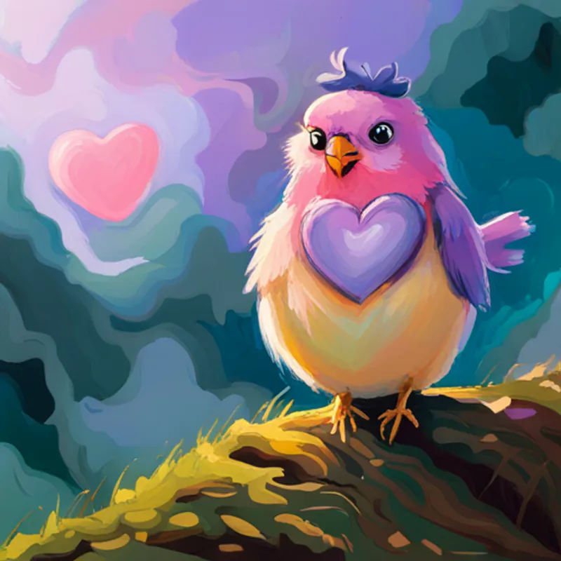 Pink bird with a big heart, wears a purple bow making a plan to save the day