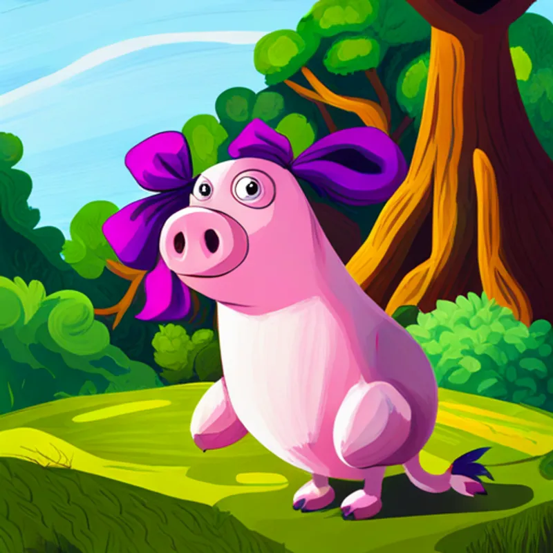 Pink bird with a big heart, wears a purple bow and friends confronting the pigs confidently