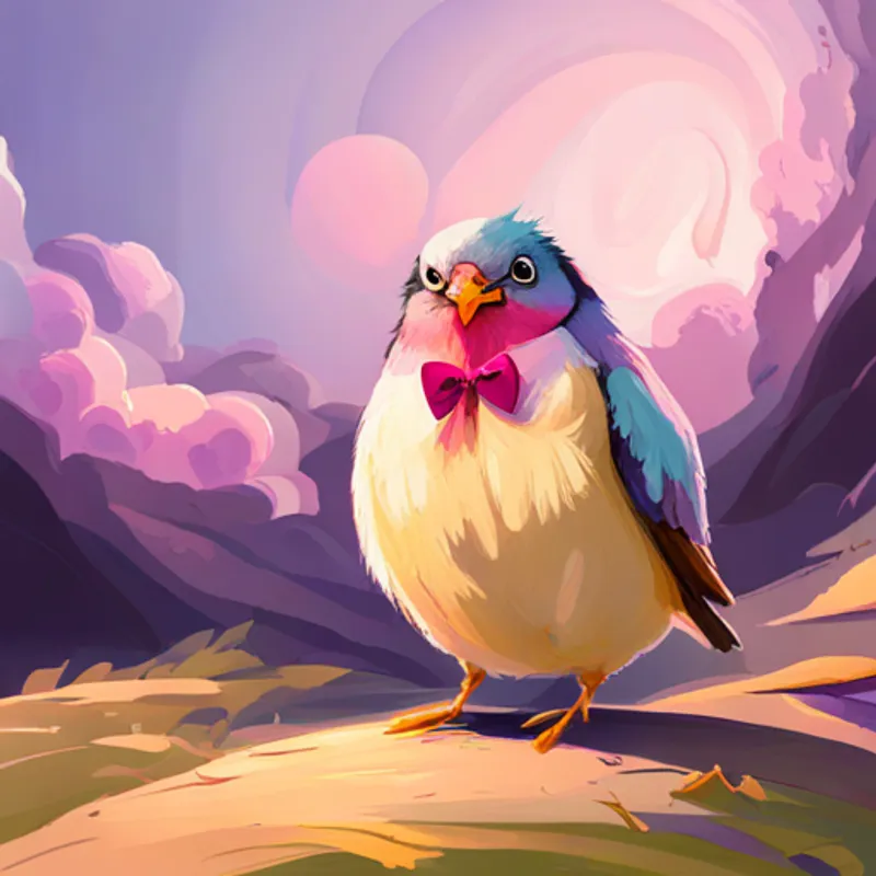 Pink bird with a big heart, wears a purple bow realizing she is capable of anything