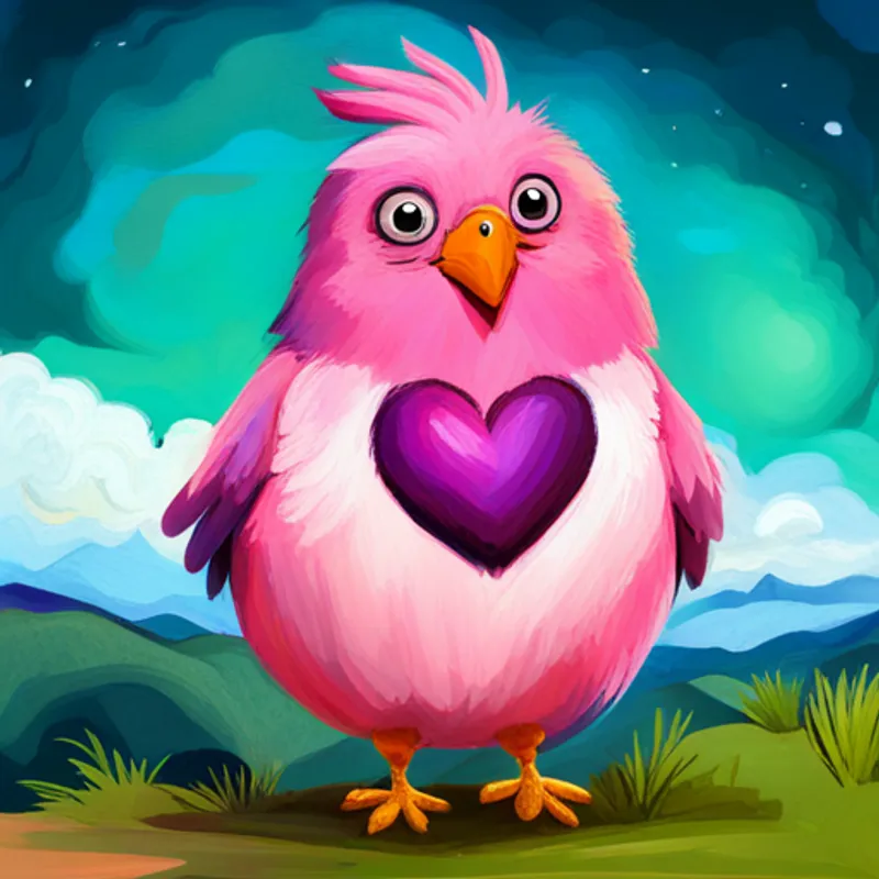 Pink bird with a big heart, wears a purple bow feeling confident and never doubting herself