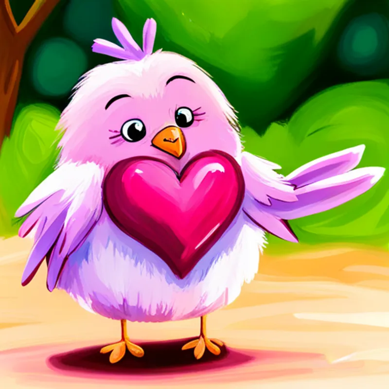 Pink bird with a big heart, wears a purple bow knowing she can achieve anything with confidence
