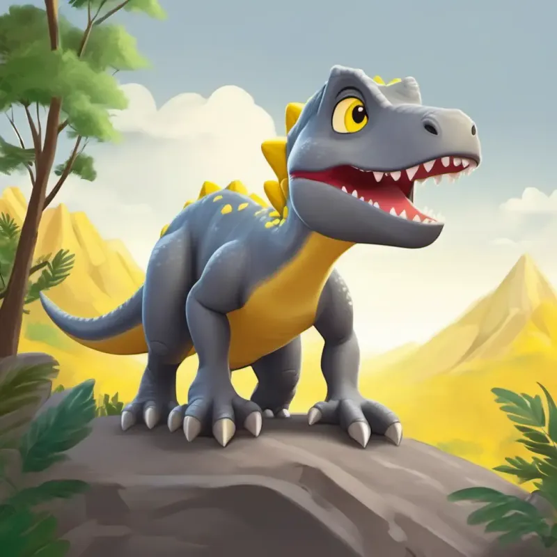 Friendly grey dinosaur with inquisitive yellow eyes, loves exploring climbing the hill guided by the map.
