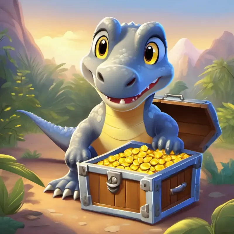 Friendly grey dinosaur with inquisitive yellow eyes, loves exploring discovering a treasure chest filled with shiny treasures.