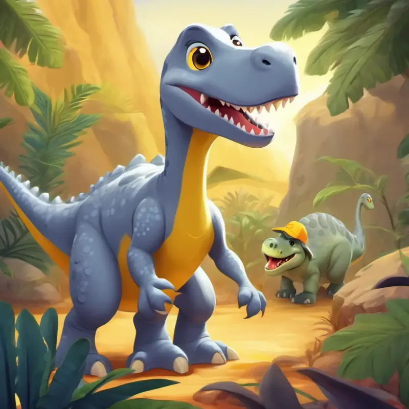 Friendly grey dinosaur with inquisitive yellow eyes, loves exploring sharing his treasures with his dinosaur friends.
