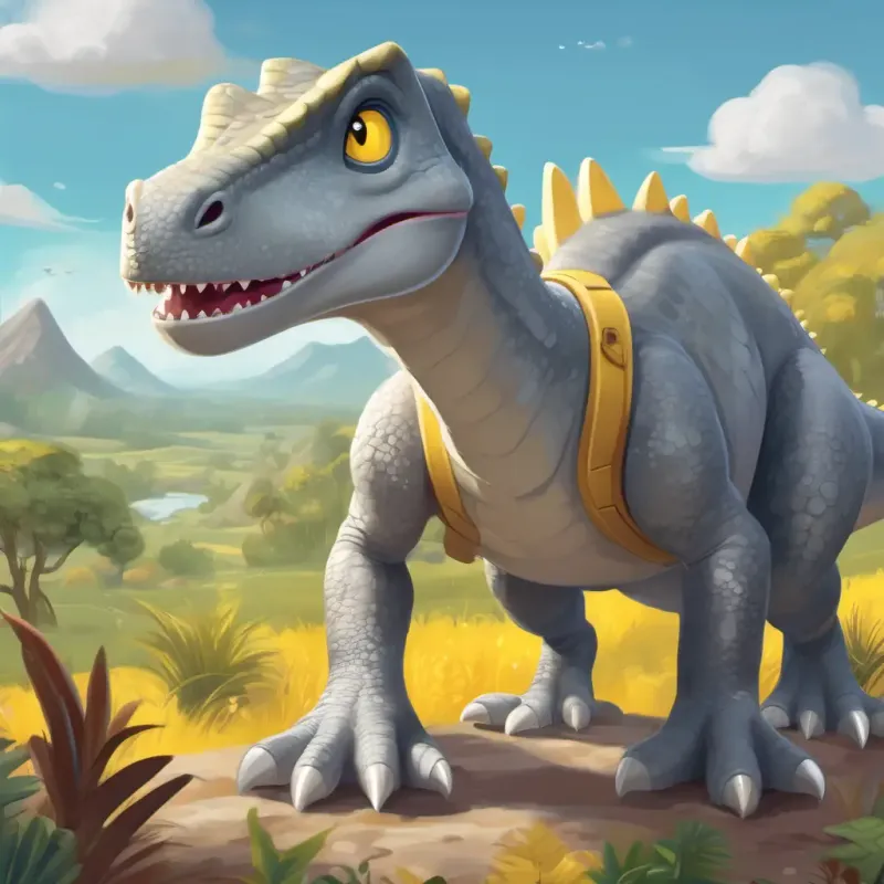 Friendly grey dinosaur with inquisitive yellow eyes, loves exploring and friends looking happy with their shared treasure.
