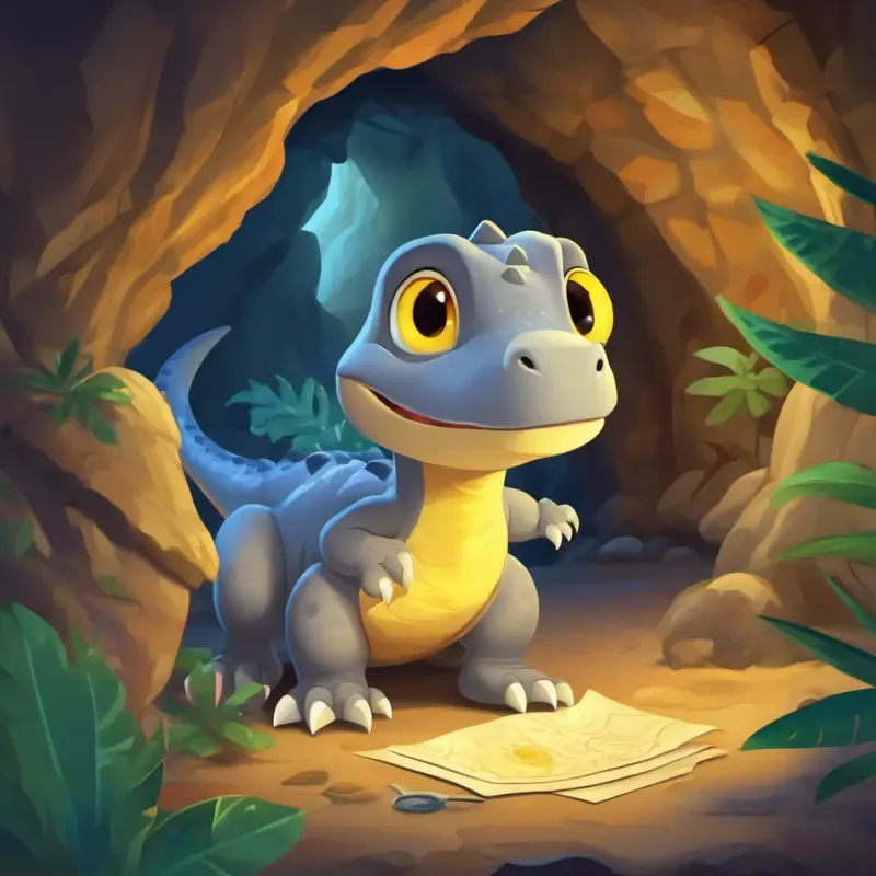 Friendly little grey dinosaur with inquisitive yellow eyes, loves exploring inside the cave, discovering a treasure map.