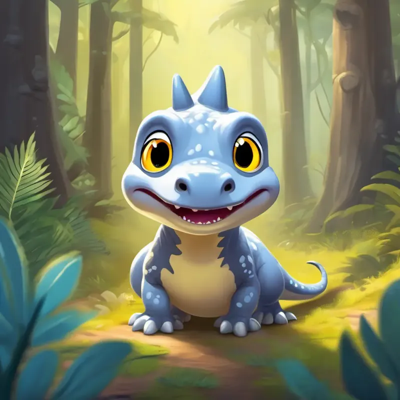 Friendly little grey dinosaur with inquisitive yellow eyes, loves exploring in his forest home, peaceful and curious.