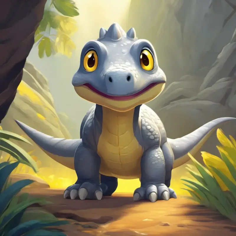Friendly little  grey dinosaur with inquisitive yellow eyes, loves exploring discovers a hidden path and a mysterious cave.