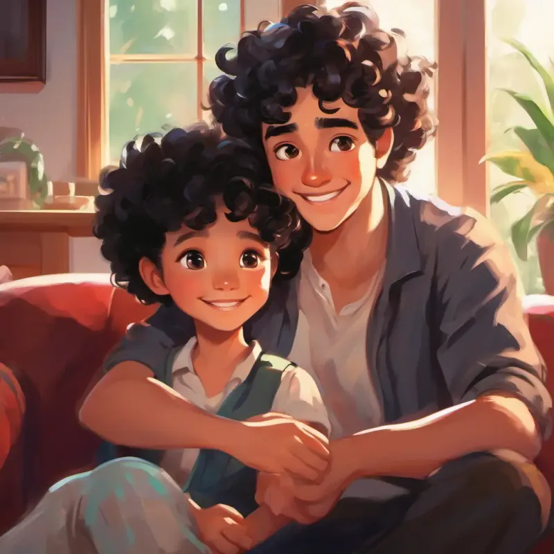 Young with a bright smile, curly hair, sparkly black eyes reflecting on dad's hands, feeling of safety, family living room
