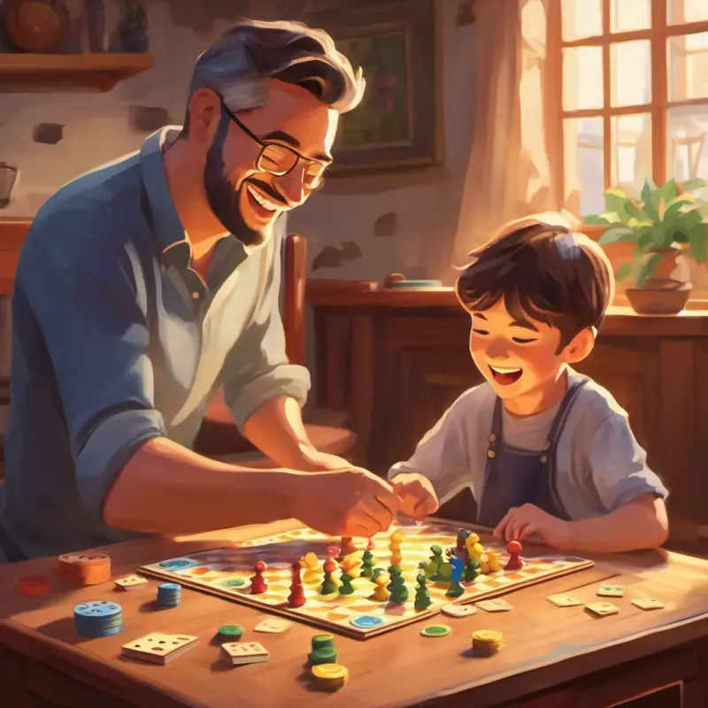 Playing board games, hands moving pieces, dad and child laughing