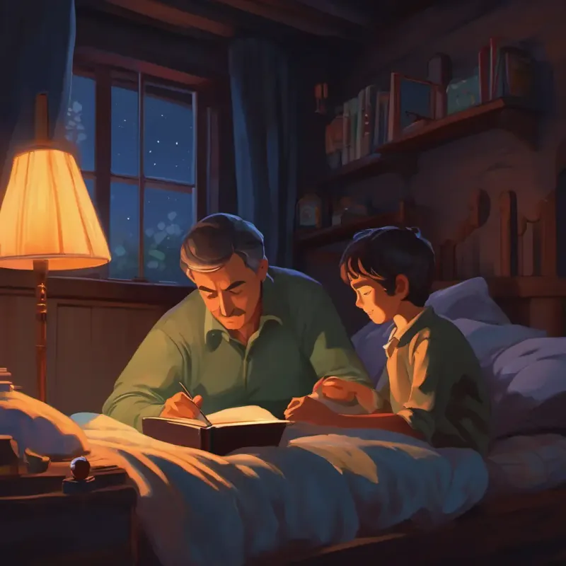 Bedtime, dad tucking child in, dark cozy room