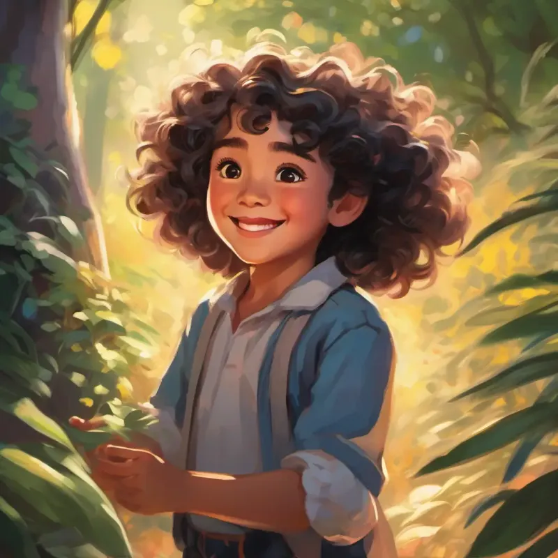 Young with a bright smile, curly hair, sparkly black eyes smiling, reminiscing about dad's caring hands, feeling of love