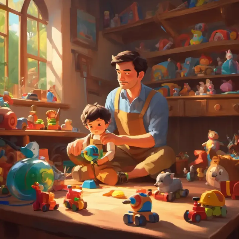 Dad repairing toys, focused expression, child watching admiringly