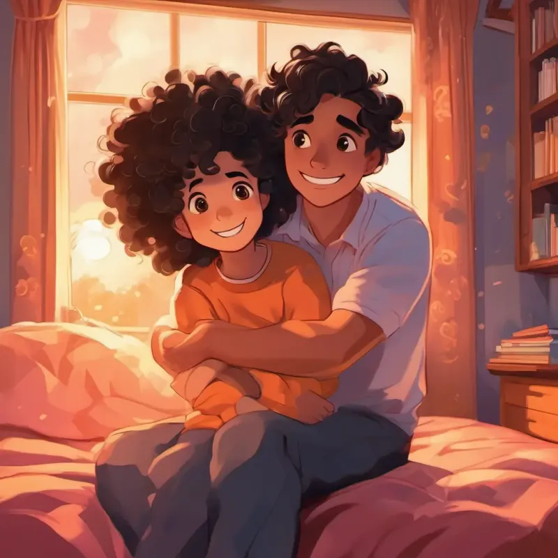 Young with a bright smile, curly hair, sparkly black eyes scared by thunder, dad comforting, cozy bedroom