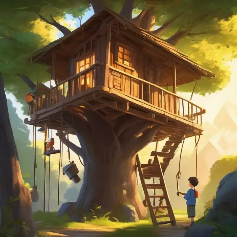 Building treehouse, dad working hard, child handing tools
