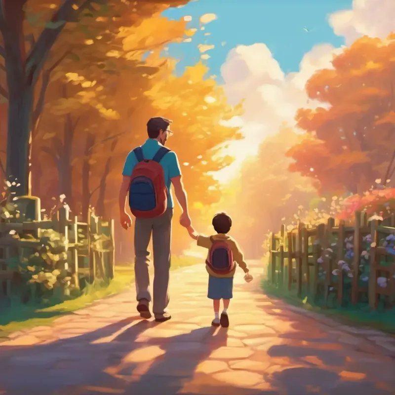 First school day, dad holding child's hand, supportive